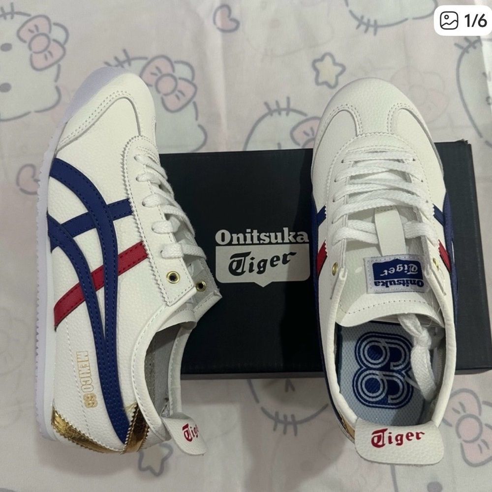 White Sneakers with Blue and Red Stripes